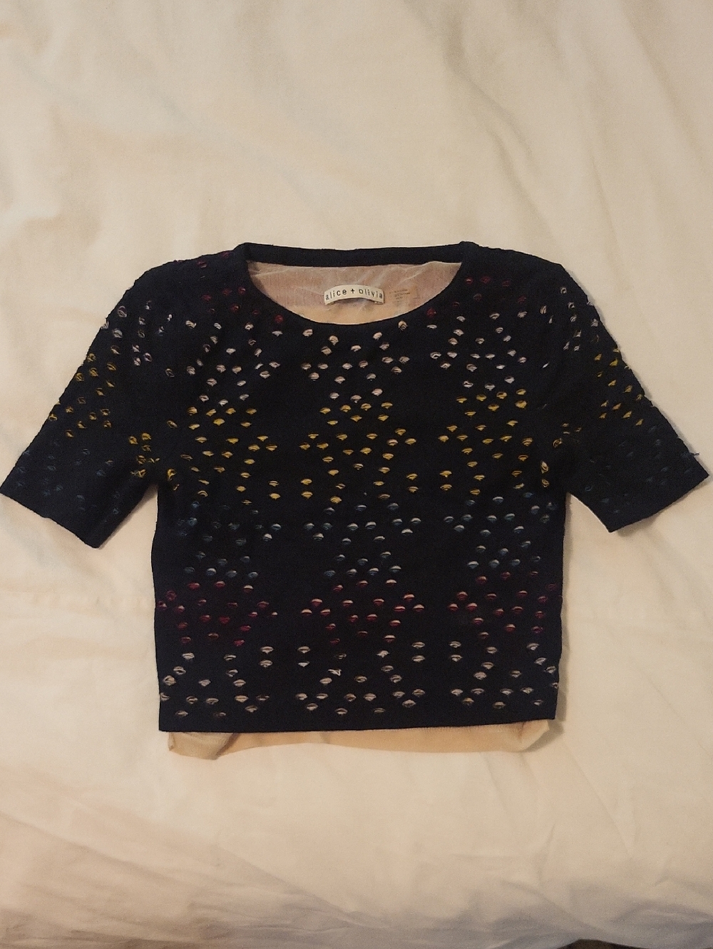 Alice + Olivia Navy Eyelet Short Sleeve Top with Multicolor Dot Underlay